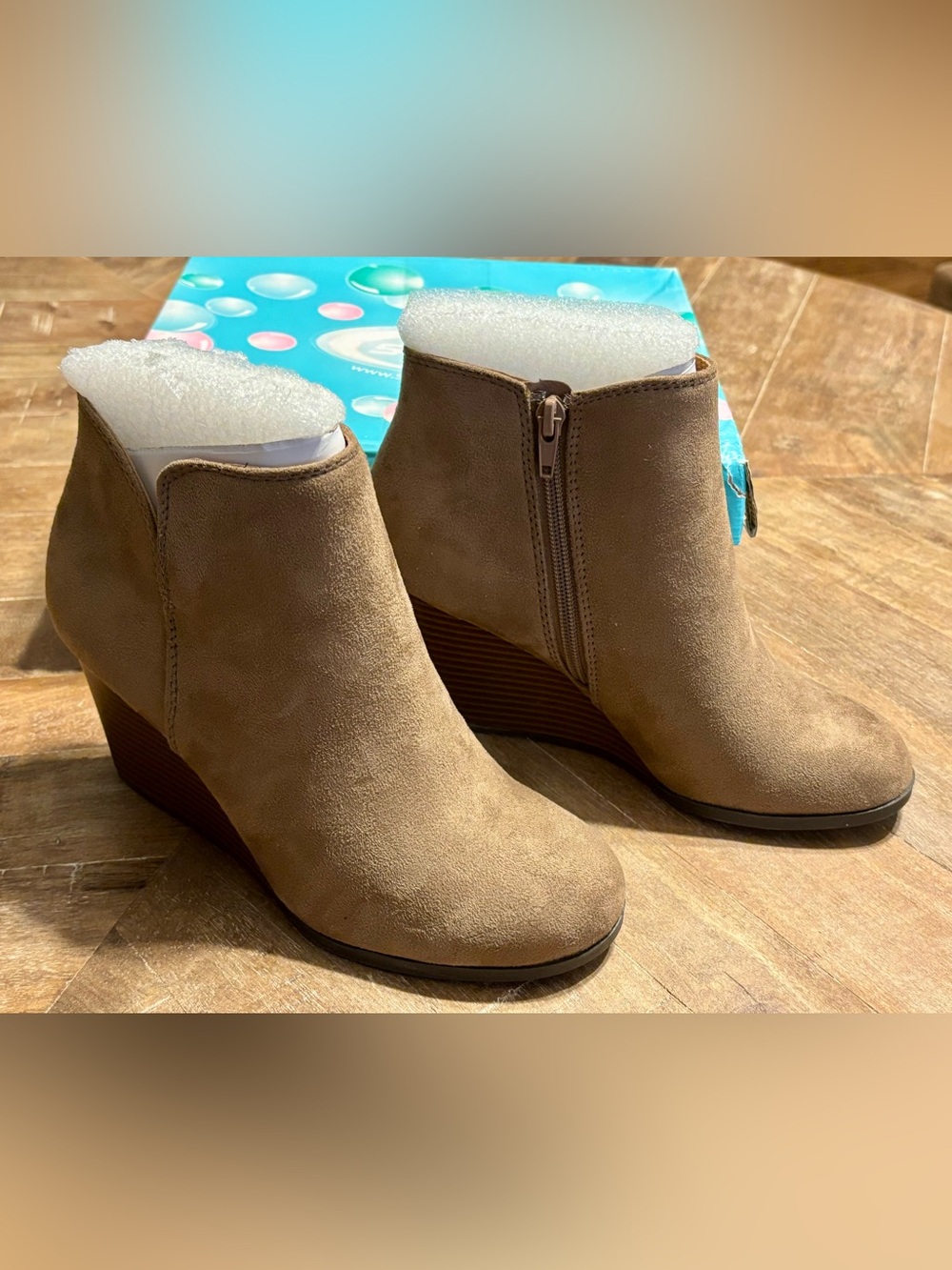 NEW IN BOX by Soda - Brown/Taupe Wedge Ankle Booties with Side Zipper - Picture 5 of 16